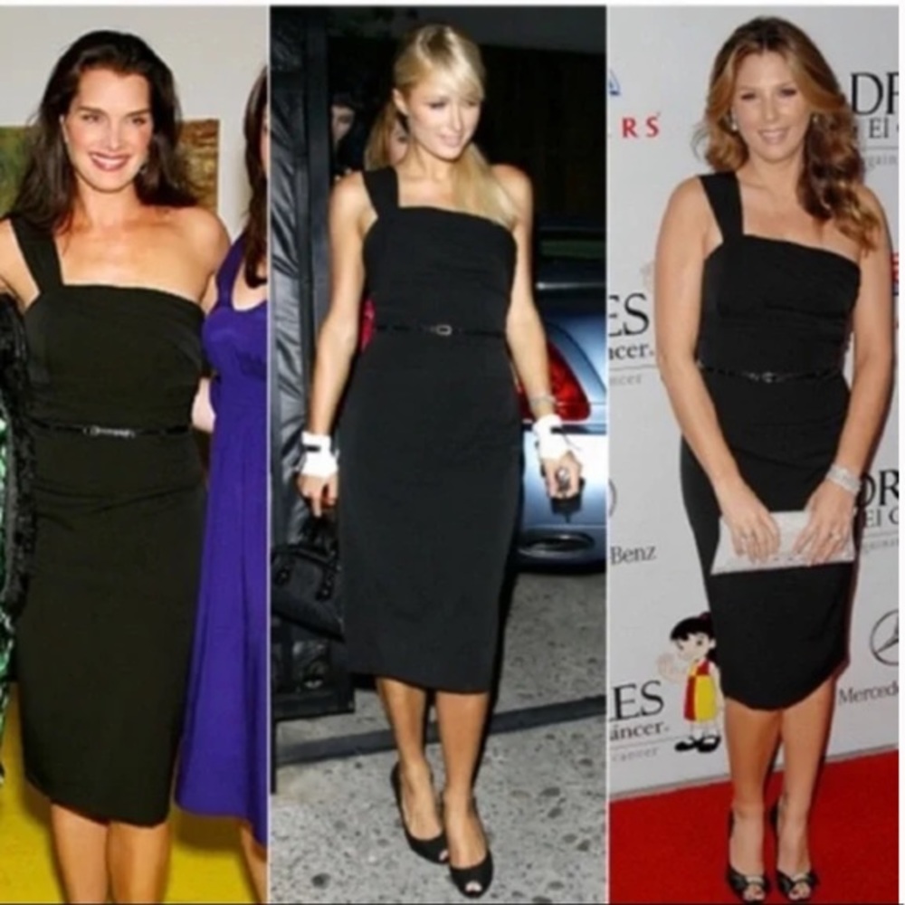 Black Halo Sz medium one shoulder dress. The dress does not have the belt.